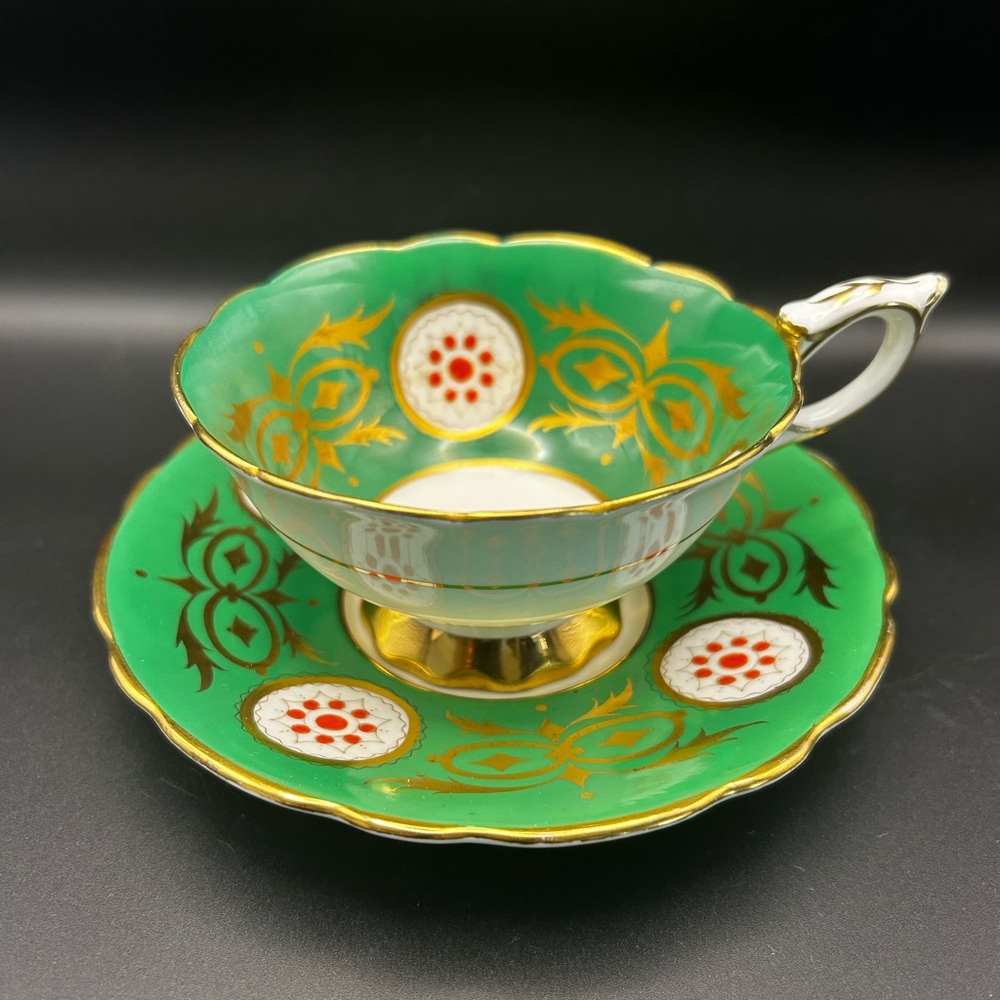 RARE Vintage Royal Stafford Bone China Teacup & Saucer Green w/Red, White & Gold